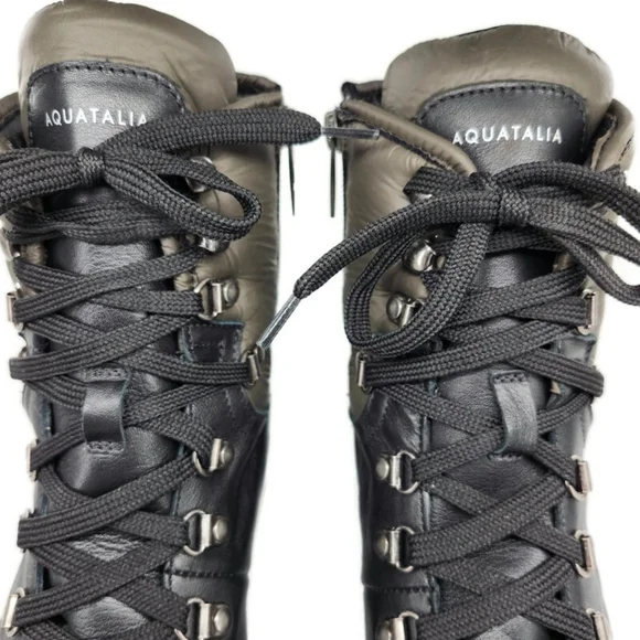 Aquatailia Morena Black & Olive Colorblock Leather Lace-Up Lug Sole Combat Boots - Picture 7 of 12
